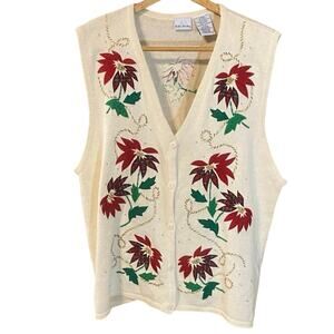 Vintage Bobbie Brooks Christmas Sweater Vest XL Poinsettia Embroidered Ramie